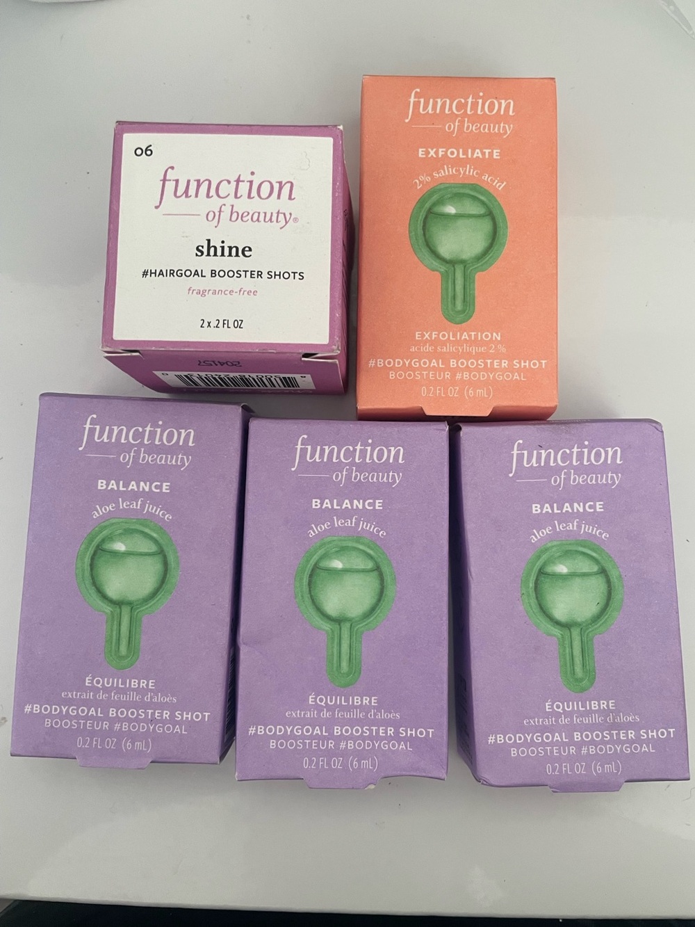 Function of beauty (3) Balance (1) Exfoliating & (1)Shine Booster Shot(s) bundle